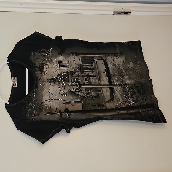 Vtg BLUE CANYON Y2k Black Venice Italy Embellished Baddie Graphic Tee - Picture 3 of 8